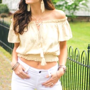 Yellow off the shoulder crop top from Altard State